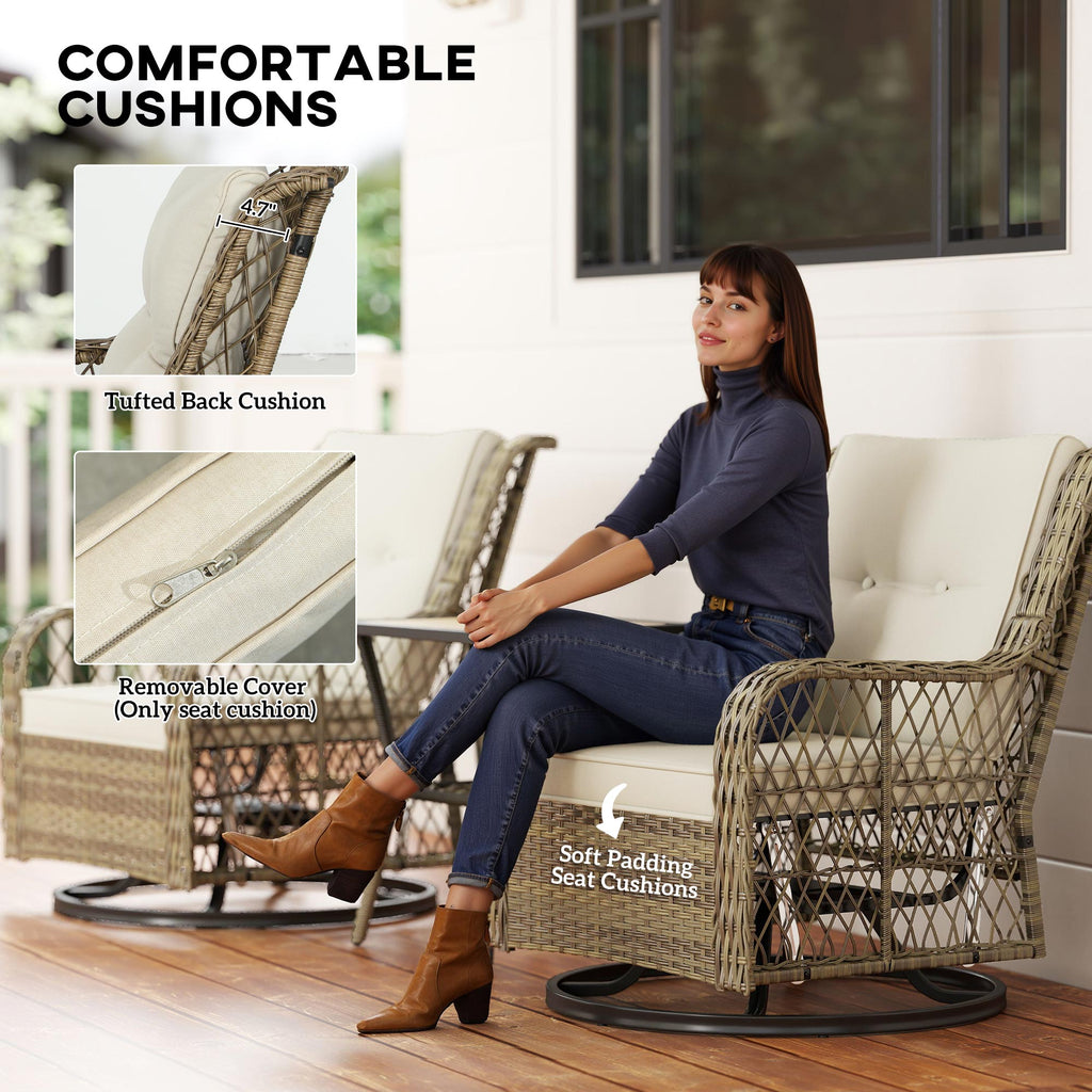 3 Piece Outdoor Bistro Set, Wicker Small Patio Furniture Set With Swivel Glider Chairs For Balcony, Porch, Beige