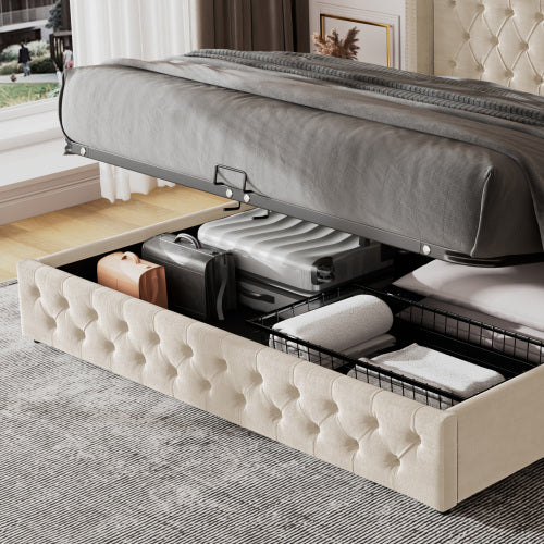 Upholstered Bed, With Hydraulic Lever, Functional Bed From Storage, 150 X 200 Cm, Without Mattress, Velvet, Beige