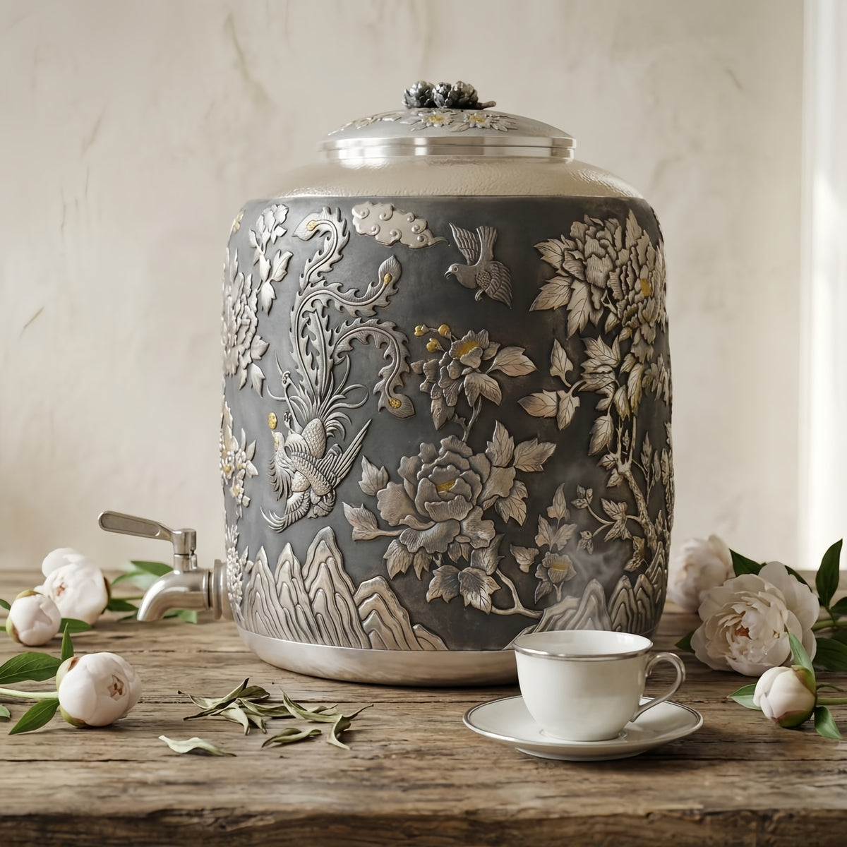 Pure 999 Fine Silver Handcrafted Ornate Metallic Beverage Dispenser Featuring Embossed Phoenix and Floral Relief Designs - Handicraft