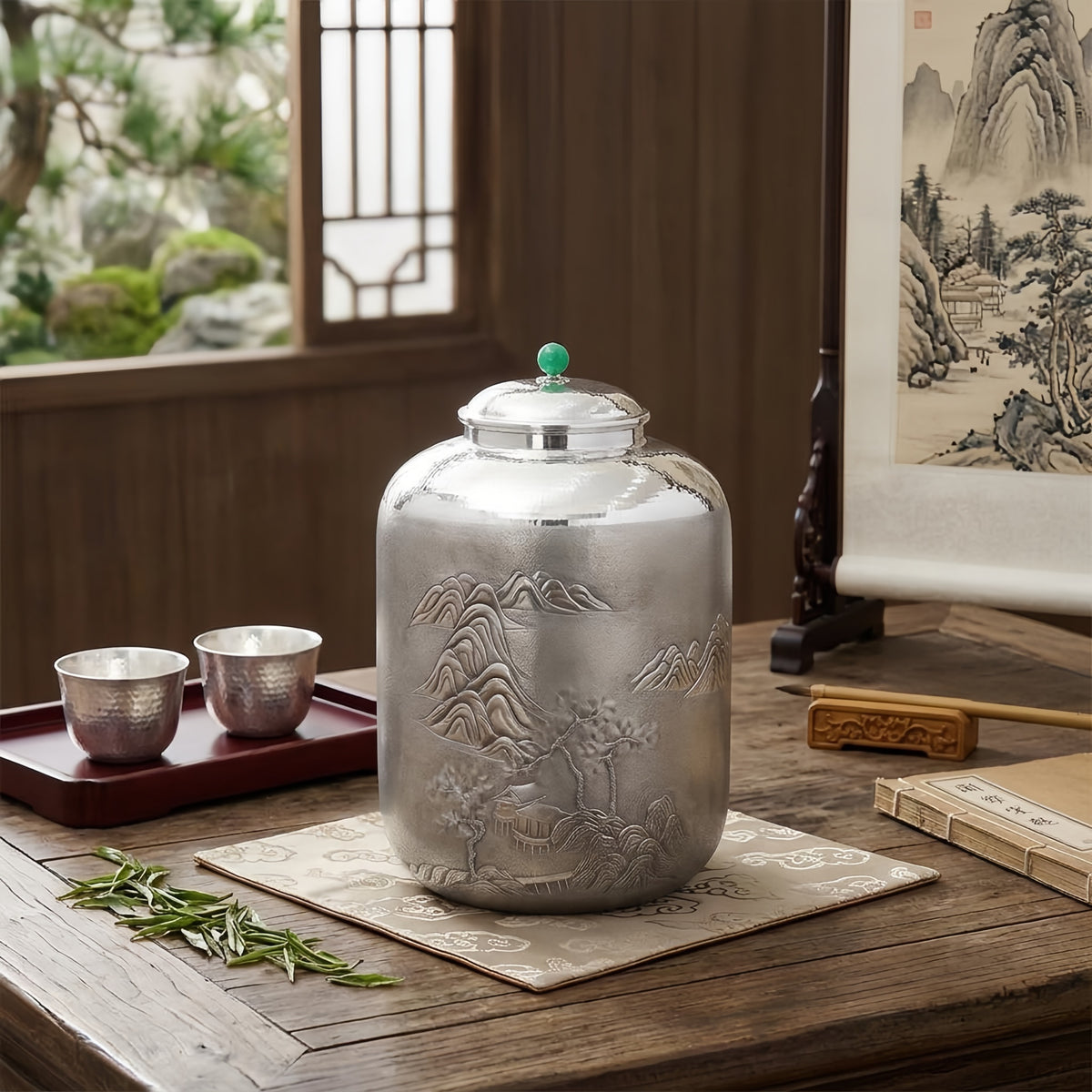 Pure 999 Fine Silver Elegant Silver-Toned Jar with Intricate Landscape Relief and Jade Finial - Handicraft