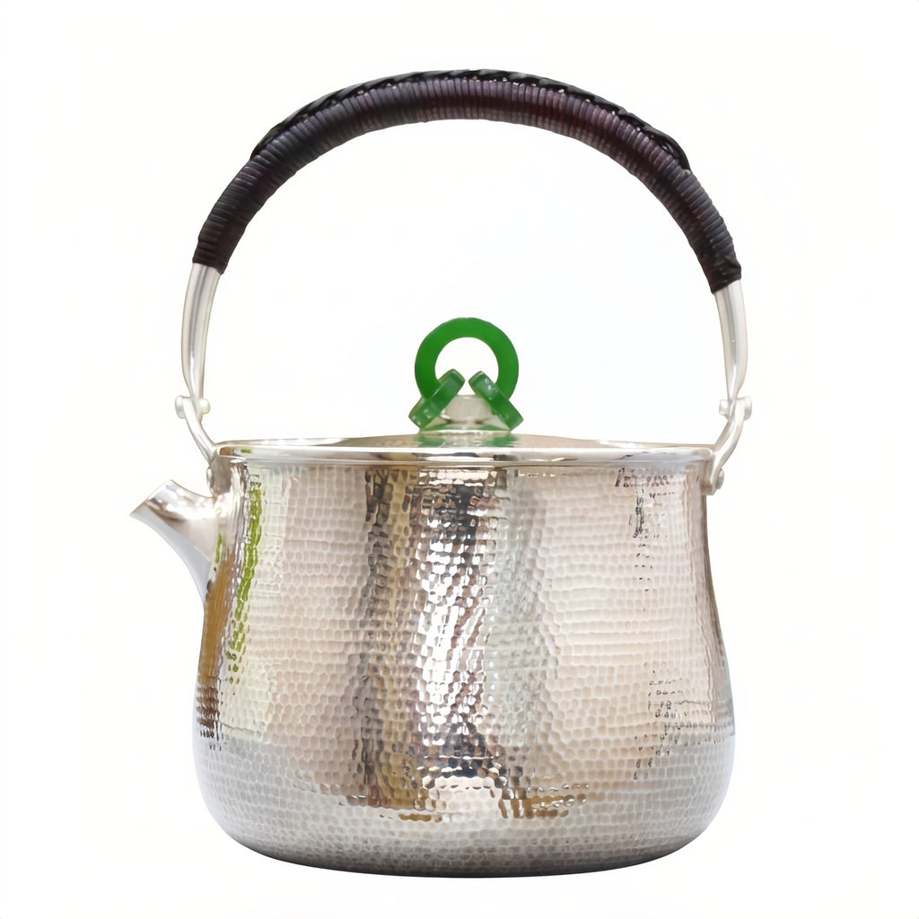 Pure 999 Fine Silver Artisan Hammered Silver Teapot with Green Jade Finial and Woven Handle - Handicraft