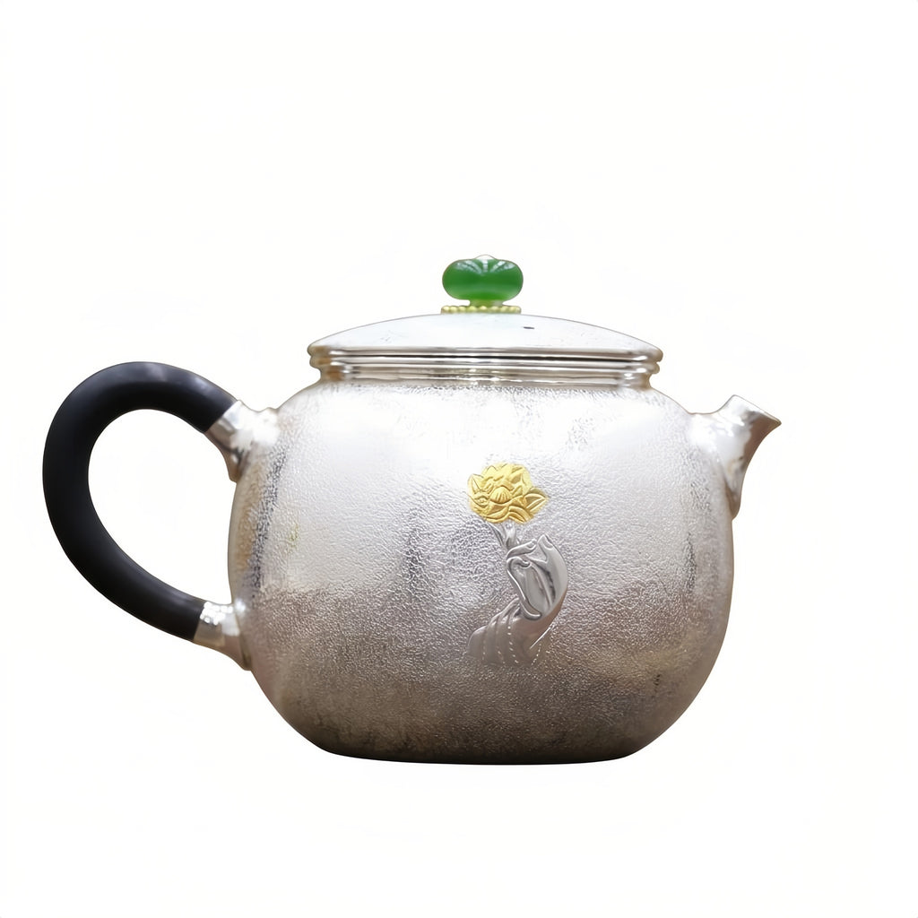 Pure 999 Fine Silver Elegant Handcrafted Hammered Silver Teapot Featuring Gilded Lotus and Verdant Gemstone Finial - Handicraft