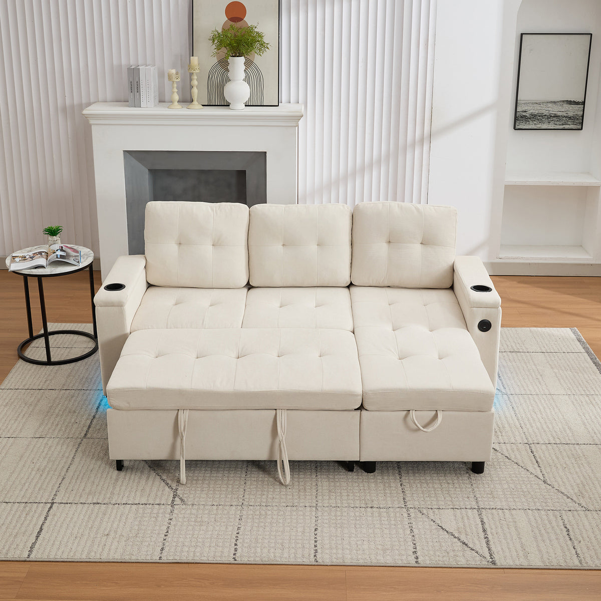 L-Shaped Couch Sofa Bed With Storage, 3 Seater Ll Out Sofa Bed With USB, LED Lights, 2cup Holders, Sectional Corner Sofa With 4 Side Pockets For Apartment Living Room, Office, Beige, 208x146x89.5cm