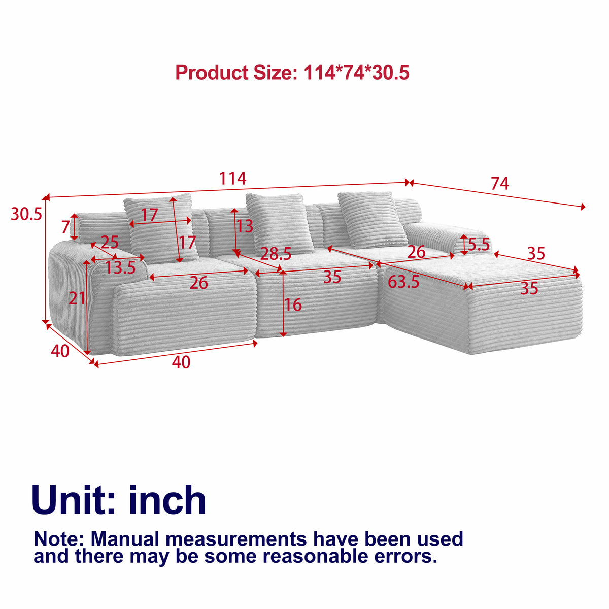 114-inch Corduroy Modular Sofa Boneless Couch, Featuring An Inlaid Structural Design, Three Throw Pillows, Wider Backrest Design And Four Freely Configurable Modules.