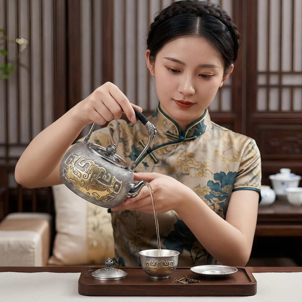 Pure 999 Fine Silver Exquisite Handcrafted Silver Teapot Featuring Metallic Mythical Mask and Dragon Motif Handle - Handicraft