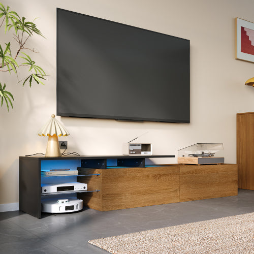 Modern TV Cabinet Design Stylish And Elegant, Practical Storage Space, Black And Wood Look, Glass Shelves, LED Lighting