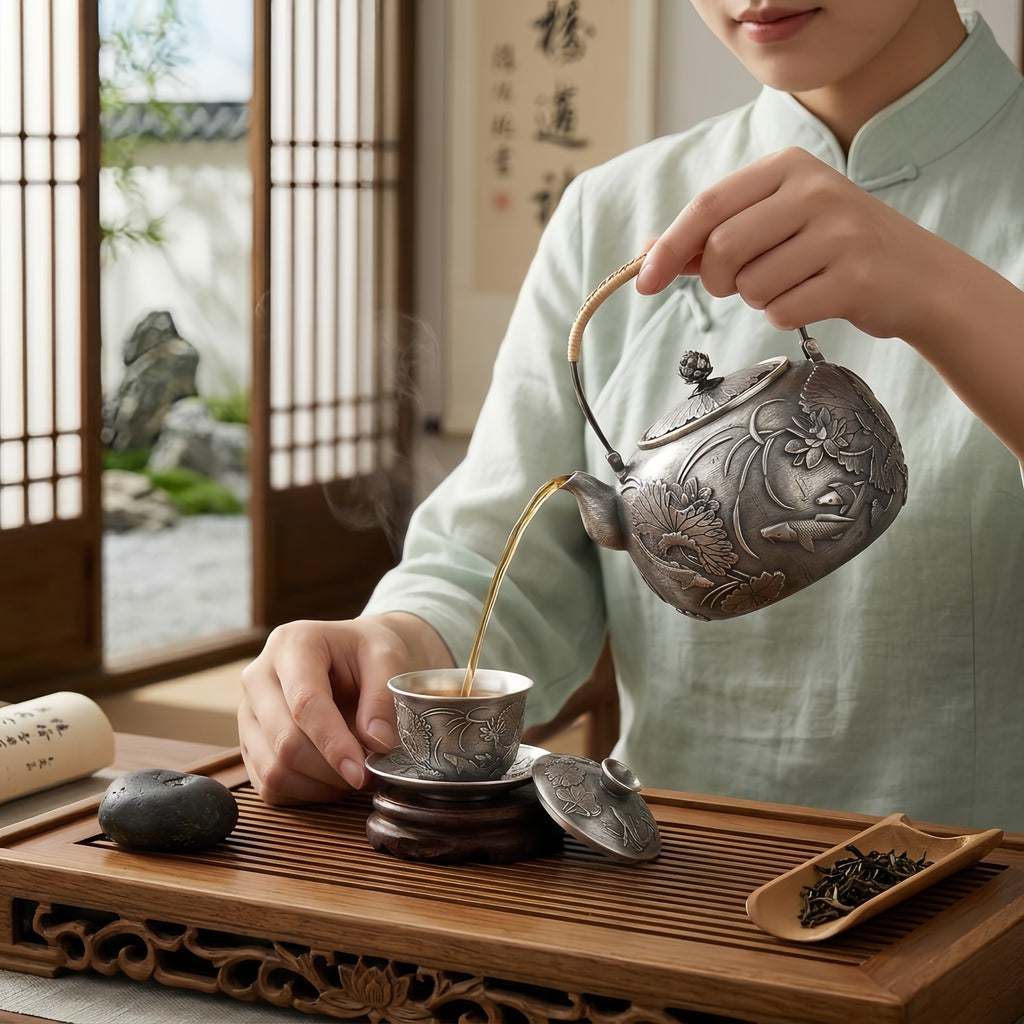 Pure 999 Fine Silver Exquisite Silver Teapot with Intricate Lotus and Koi Fish Relief Carvings - Handicraft