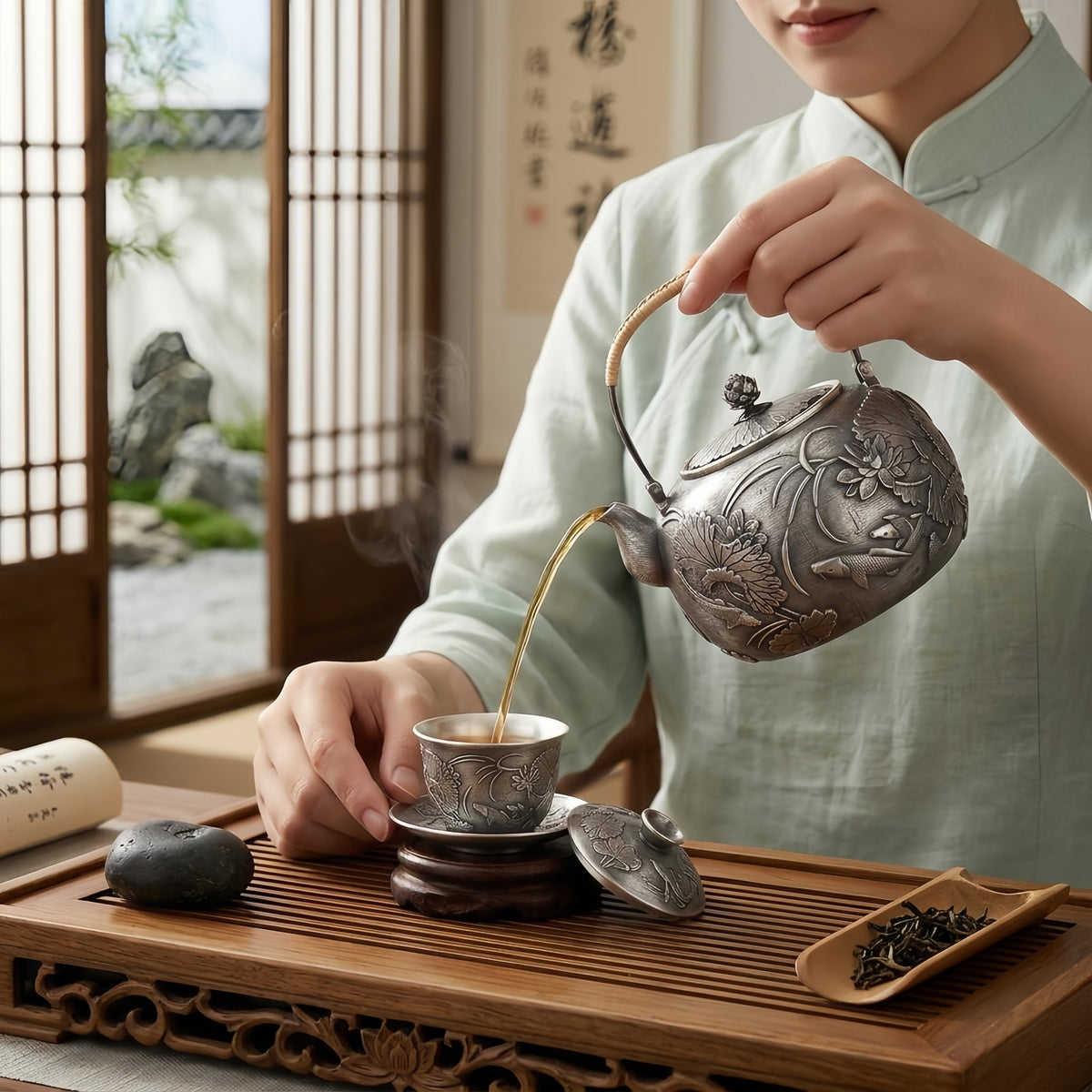 Pure 999 Fine Silver Exquisite Silver Teapot with Intricate Lotus and Koi Fish Relief Carvings - Handicraft