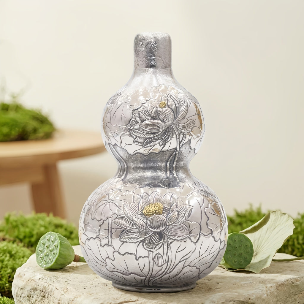 Pure 999 Fine Silver Exquisite Hand-Engraved Silver Double Gourd Vase Featuring Detailed Lotus Motifs - Handicraft