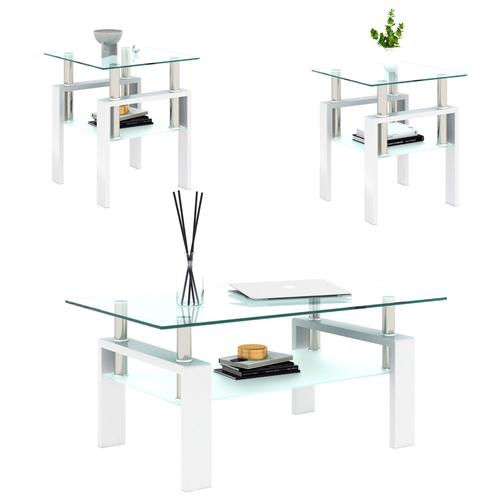 2-Pc Modern Tempered Glass Coffee Tea End Tables For Living Room