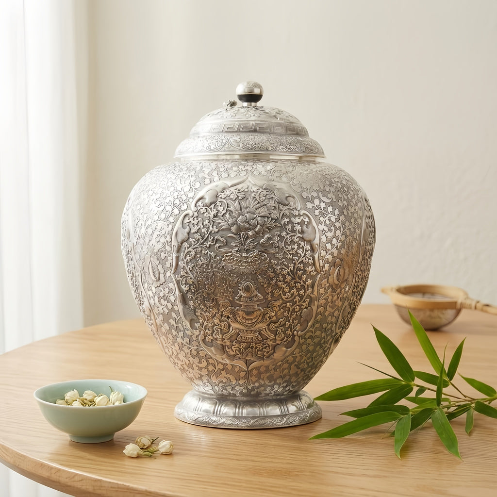 925 Sterling Silver Exquisite Handcrafted Silver Ornate Lidded Jar with Intricate Floral Repoussé Patterns - Handicraft