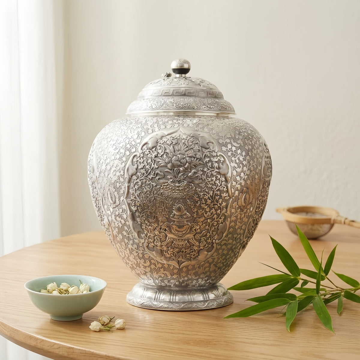 925 Sterling Silver Exquisite Handcrafted Silver Ornate Lidded Jar with Intricate Floral Repoussé Patterns - Handicraft