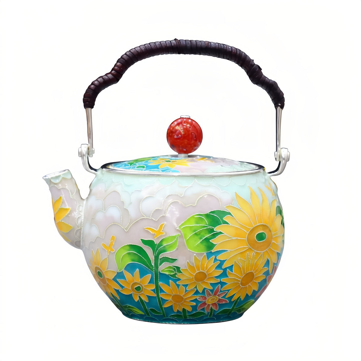 Pure 999 Fine Silver Handcrafted Floral Cloisonné Teapot with Vibrant Sunflowers and Decorative Red Lid Knob - Handicraft