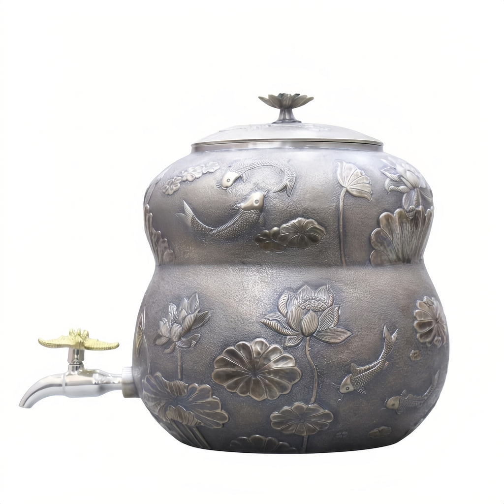 925 Sterling Silver Handcrafted Metallic Water Dispenser with Intricate Lotus and Koi Fish Relief Design - Handicraft