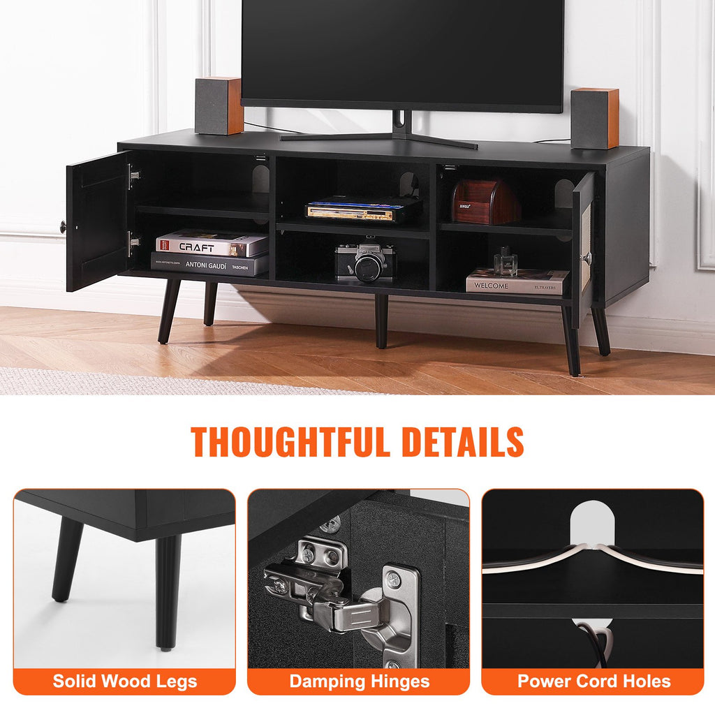 Rattan TV Stand, Boho TV Cabinet For 55 Inch TV, Mid Century Modern TV Stand, Rattan TV Console With Adjustable Shelfs For  Living Room, Media Room, Black