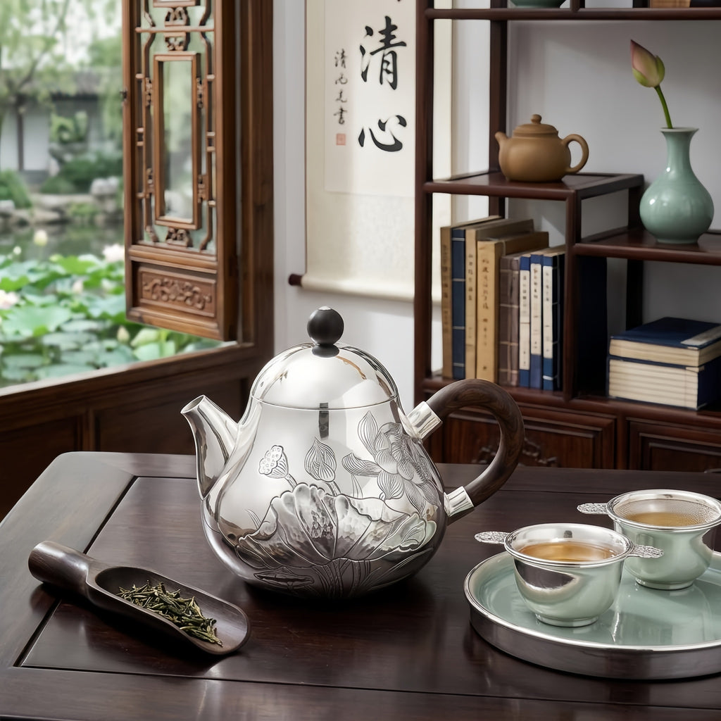 925 Sterling Silver Elegant Hand-Engraved Silver Teapot Featuring Intricate Lotus Design and Natural Wood Handle - Handicraft