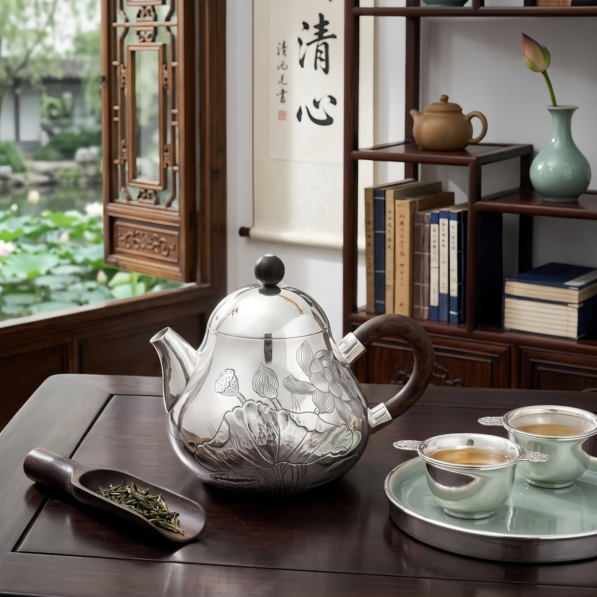 925 Sterling Silver Elegant Hand-Engraved Silver Teapot Featuring Intricate Lotus Design and Natural Wood Handle - Handicraft