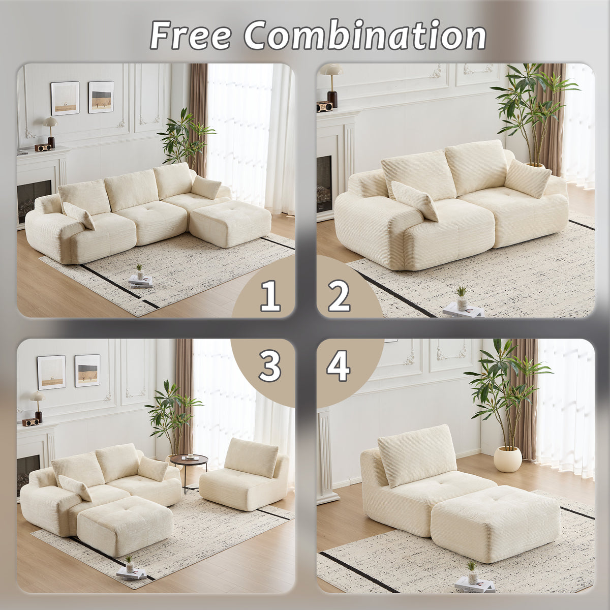 Modern Memory Foam Compressed Sofa,Large Sectional Couches For Living Room,Pet-Friendly Cloud Modular Sectional Sofa,Corduroy Fabric,Extra Deep Loveseat,No Assembly Required, BEIGE