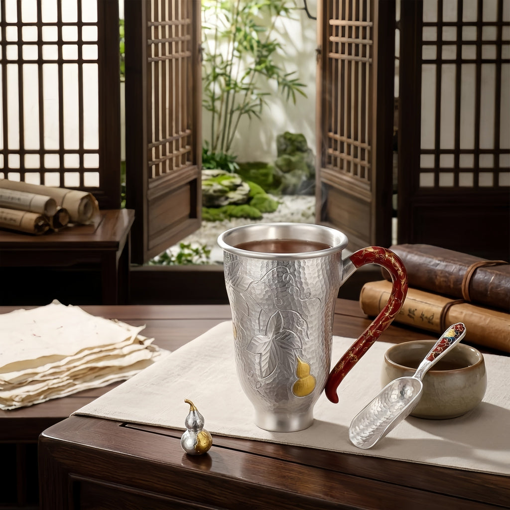 925 Sterling Silver Handcrafted Silver Hammered Cup Featuring Red Lacquered Handle and Gourd Accent - Handicraft