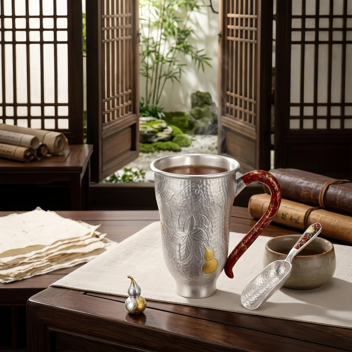 925 Sterling Silver Handcrafted Silver Hammered Cup Featuring Red Lacquered Handle and Gourd Accent - Handicraft
