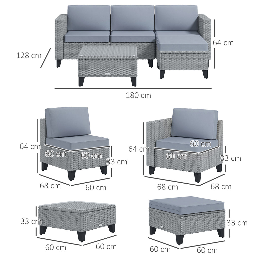 5-Piece Rattan Patio Furniture Set With Corner Sofa, Footstools, Coffee Table, For Poolside, Grey