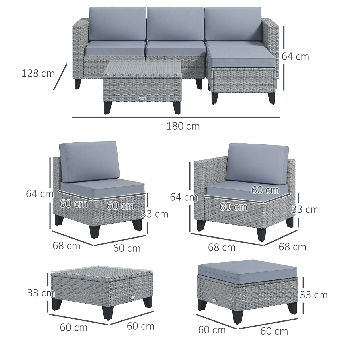5-Piece Rattan Patio Furniture Set With Corner Sofa, Footstools, Coffee Table, For Poolside, Grey