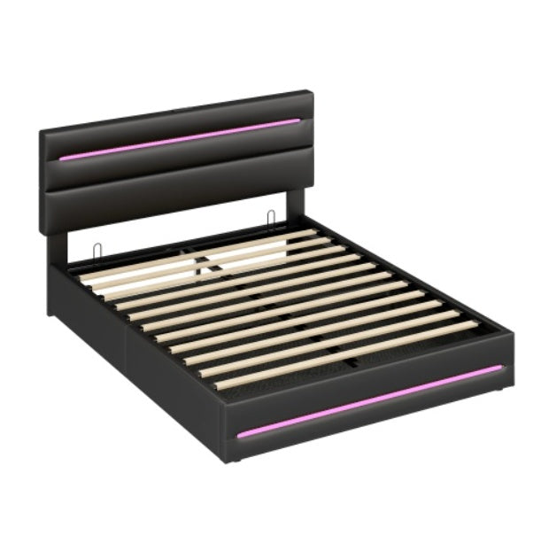5ft King Upholstered Bed Frame With Hydraulic Storage, PU Ottoman Bed With LED Lighting And Charging Station, LED Adjustable Headboard With USB And Type - C Ports, Black