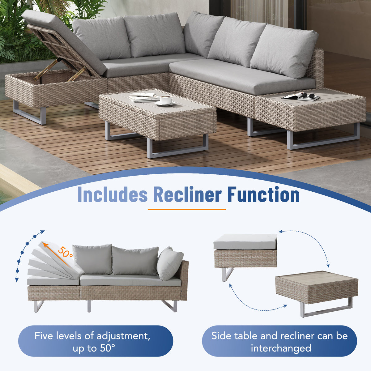 Mixed Khaki Rattan Corner Sofa Set,Industrial Style,with Coffee Table,Garden Furniture Set,Anti-UV Cushions Removable Covers,Khaki