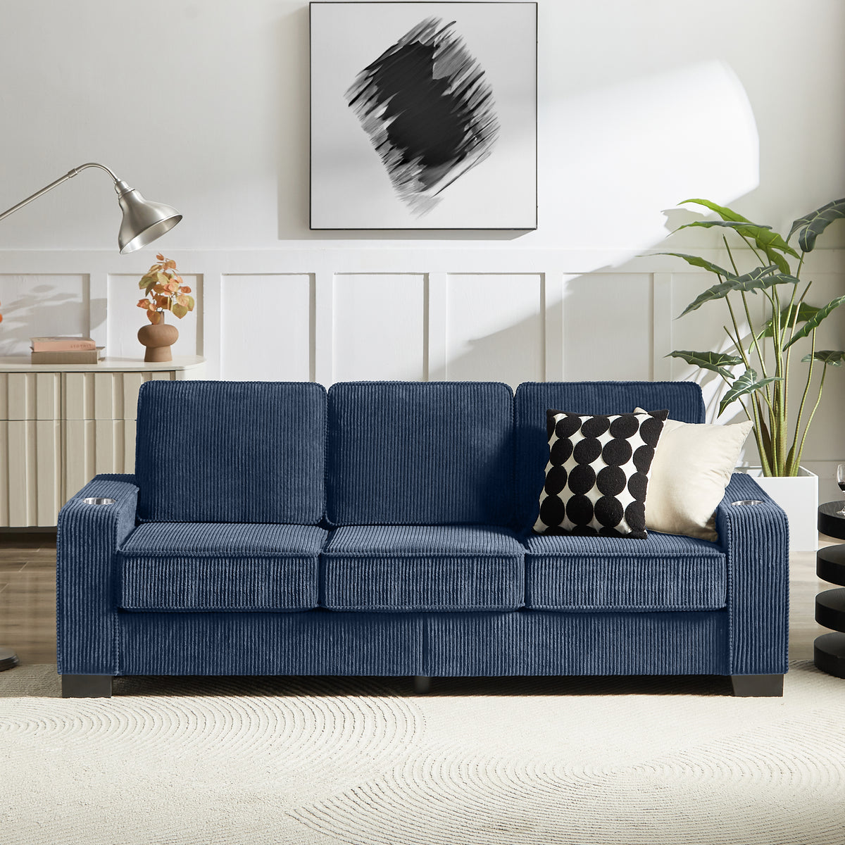 83.86 Corduroy Fabric Sofa,Modern Compressed Couch,3-Seater Sofa, Furniture For Living Room,Bedroom,office ,Blue