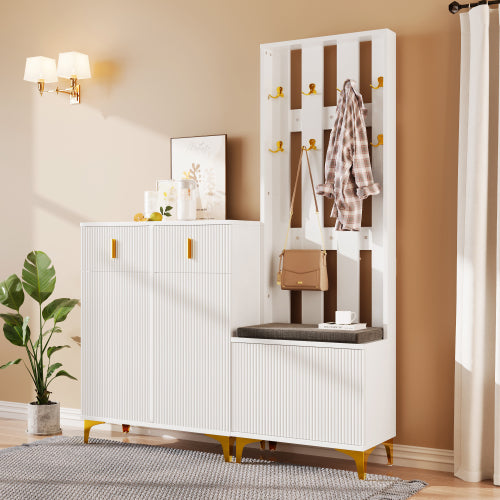Wardrobe Set With Shoe Bench And Cushion, Wardrobe Front With Hooks, Shoe Cabinet With Drawers And Doors