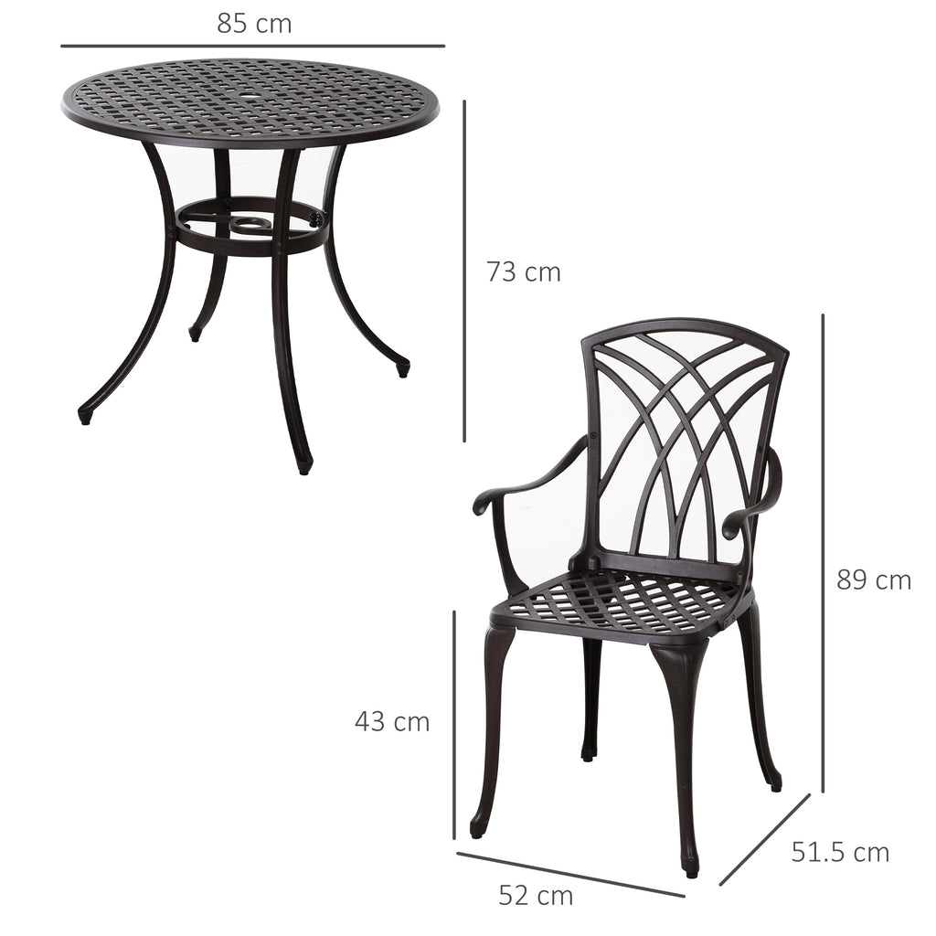 5 Pieces Garden Dining Set For 4, Cast Aluminium Outdoor Dining Set With 4 Armchairs And Round Dining Table With Parasol Hole, Garden Furniture Set, Brown