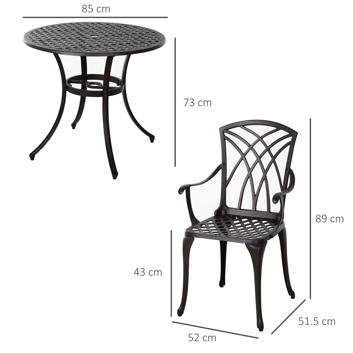 5 Pieces Garden Dining Set For 4, Cast Aluminium Outdoor Dining Set With 4 Armchairs And Round Dining Table With Parasol Hole, Garden Furniture Set, Brown