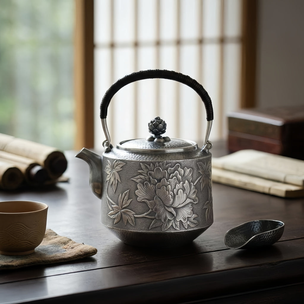 Pure 999 Fine Silver Elegant  Peony Teapot with Wooden Handle-Fine Teapot with Handle - Handicraft