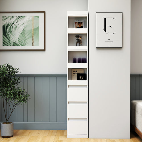 70.87 H Display Storage Cabinet , 4-Tier Shelf, 3 Side Drawers & 4 Small Display Shelves , Modern Wooden Tall Bookshelf Bookcase For Living Room Home Office