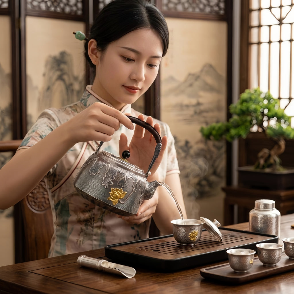 Pure 999 Fine Silver Exquisite Silver-Toned Lotus Teapot with Hammered Texture and Woven Handle - Handicraft