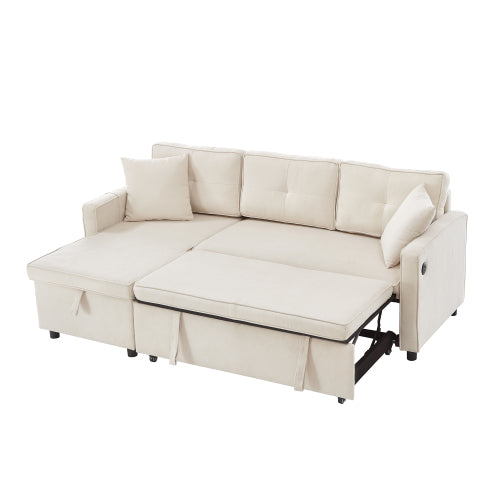 L-Shaped Pull Out Sleep Sofabed, Modern Reversible Sleeper Sectional Sofa, 3 In 1 Convertible Sofa Bed With Storage Chaise, Drop-Down Table, Cup Holders And Charging Ports