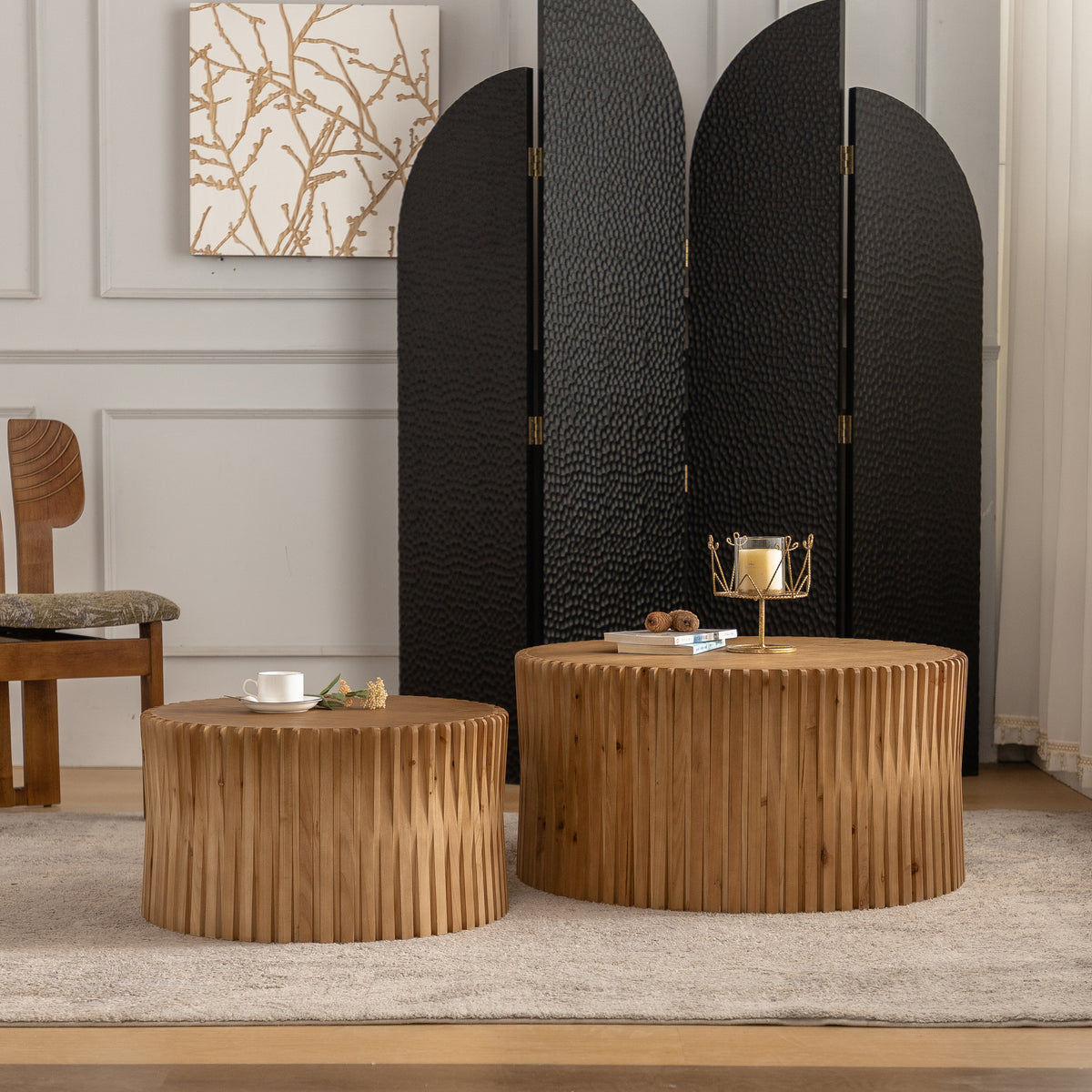 Vintage Fashion Style Cylindrical Nesting Coffee Table Set With Vertical Textured Embossed Design For Living Room, Office And Dining Room, Natural Set Of 2