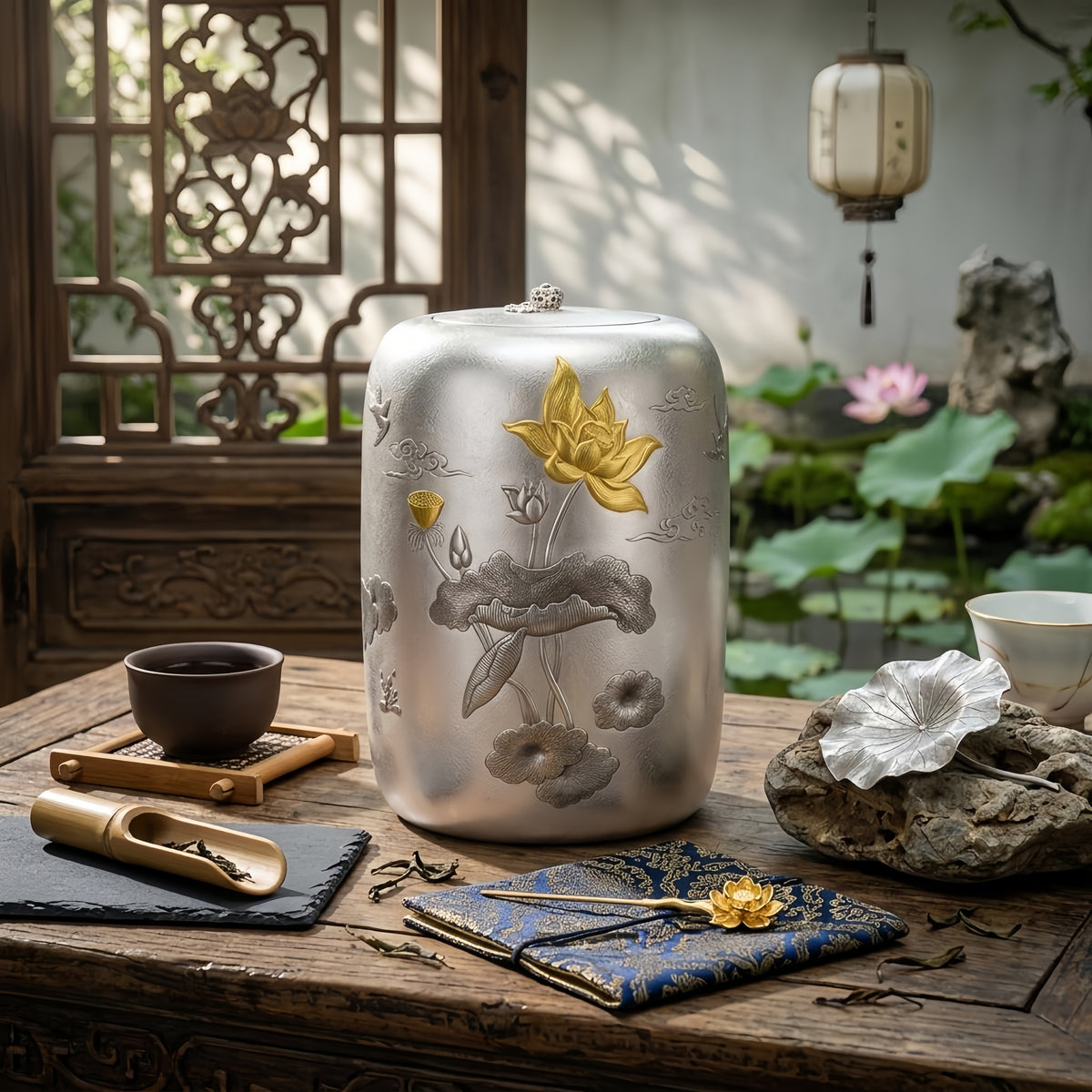 Pure 999 Fine Silver Exquisite Silver Lotus Canister with Gilded Accents and Traditional Cloud Motifs - Handicraft