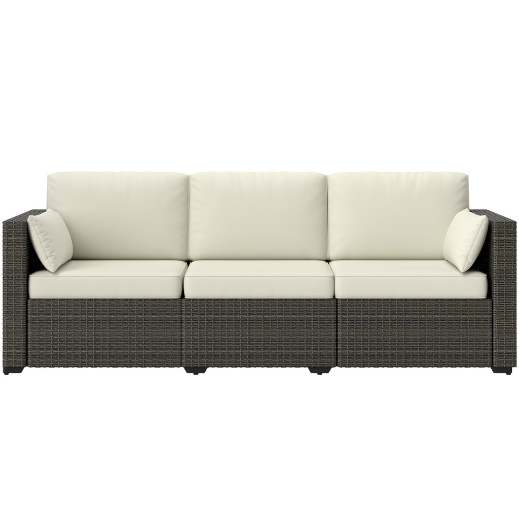 Patio Couch PE Wicker Deep Seating Outdoor Sofa with Removable Cushions, 3 Seater Rattan Sofa, Outdoor Furniture for Balcony, Deck, Garden and Poolside, Cream White