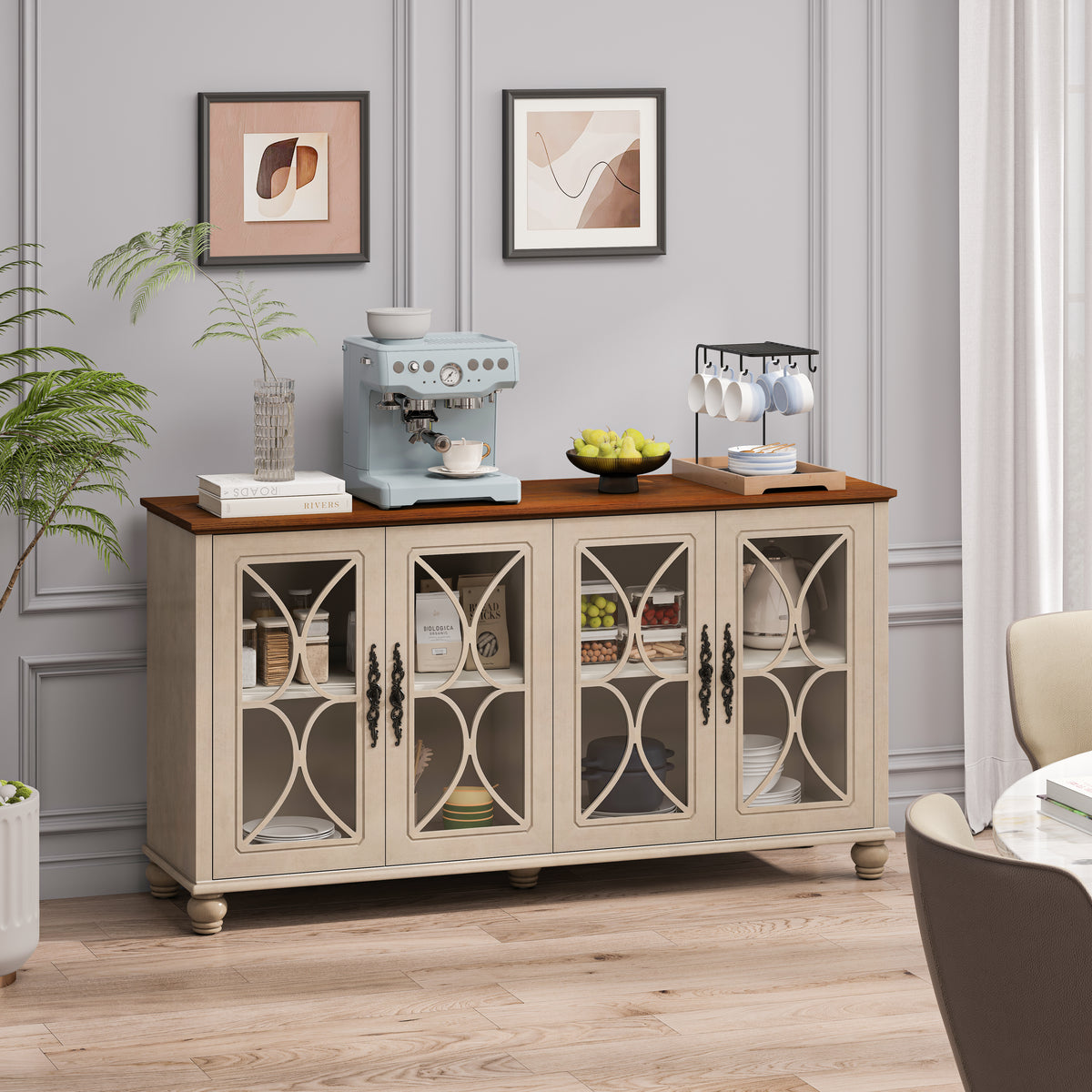 Elegant European Antique Style 4-Door Cabinet With Tempered Glass Doors,for Dining Room,Living Room,Hallway,Easy Assembly,Beige