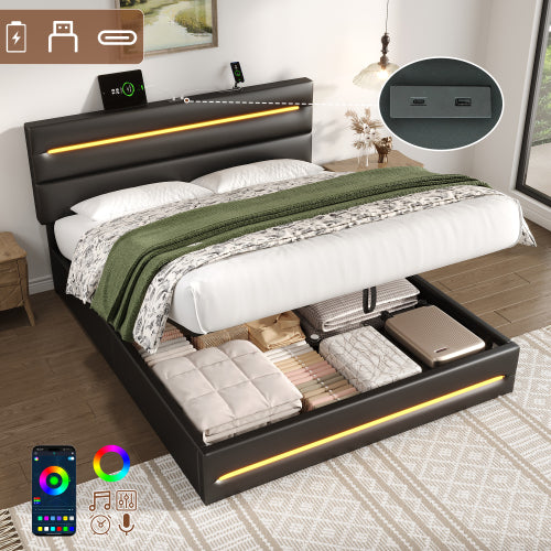 5ft King Upholstered Bed Frame With Hydraulic Storage, PU Ottoman Bed With LED Lighting And Charging Station, LED Adjustable Headboard With USB And Type - C Ports, Black