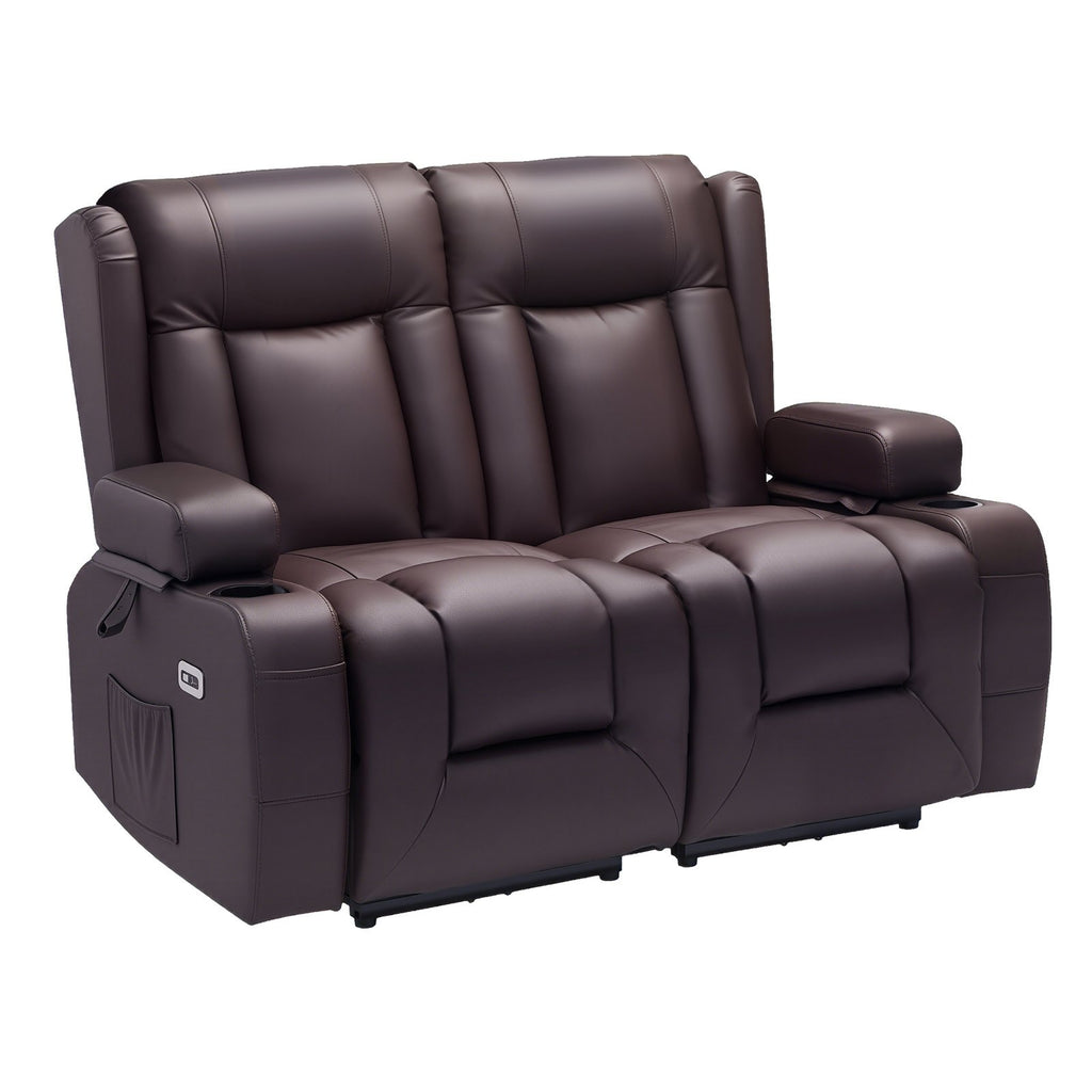 Loveseat Recliner Sofa, Power Reclining Couch With Heating & Massage And Timer, PU Leather Electric Recliner Sofa With USB Ports, Cup Holders And Side Bags, Dual Loveseat Chair For Living Room