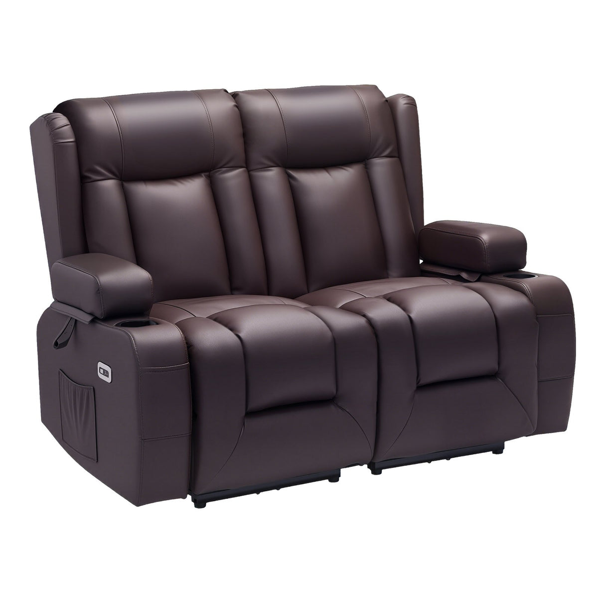 Loveseat Recliner Sofa, Power Reclining Couch With Heating & Massage And Timer, PU Leather Electric Recliner Sofa With USB Ports, Cup Holders And Side Bags, Dual Loveseat Chair For Living Room