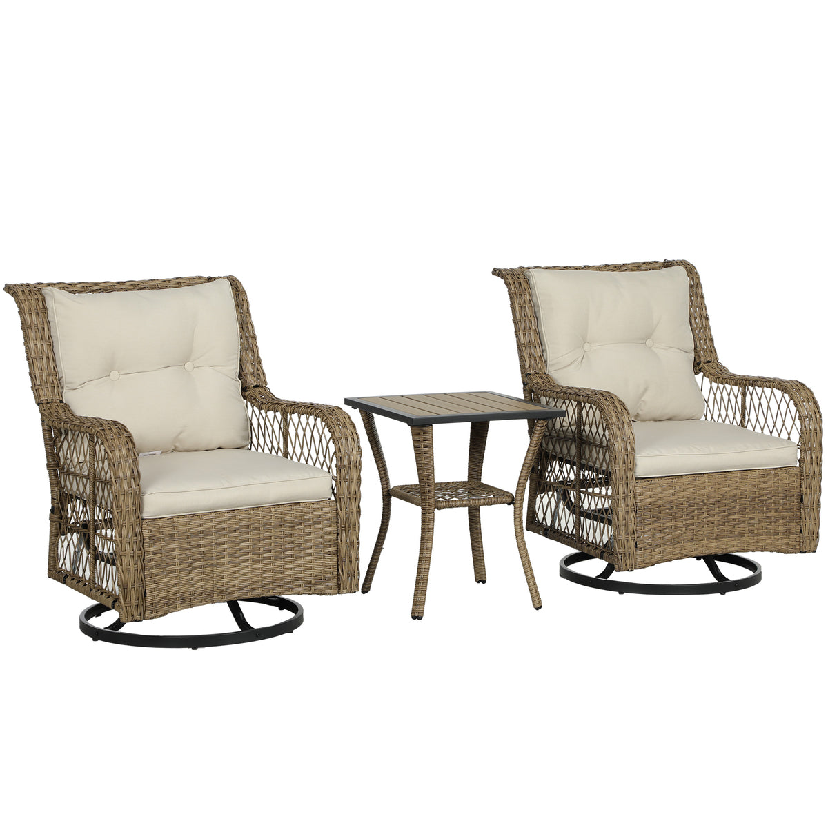 3 Piece Outdoor Bistro Set, Wicker Small Patio Furniture Set With Swivel Glider Chairs For Balcony, Porch, Beige
