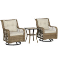 3 Piece Outdoor Bistro Set, Wicker Small Patio Furniture Set With Swivel Glider Chairs For Balcony, Porch, Beige