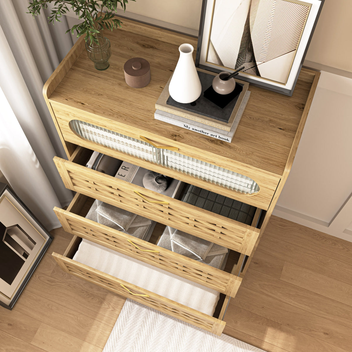 Wood 4 Drawer Dresser For Bedroom, Large Double Dresser With Wide Drawers, Modern Chest Of Drawers,S
