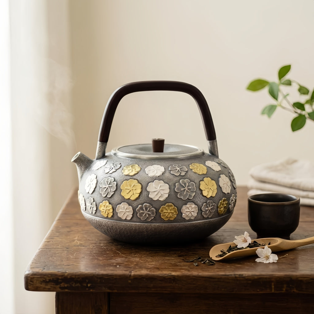 Pure 999 Fine Silver Elegant Silver Teapot with Gilded Floral Relief and Handcrafted Wooden Handle - Handicraft