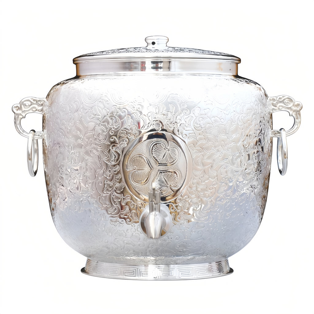 925 Sterling Silver Elegant Traditional  Urna Dispenser with Intricate Floral Patterns and Dual Handles-Premium Water Tank - Handicraft
