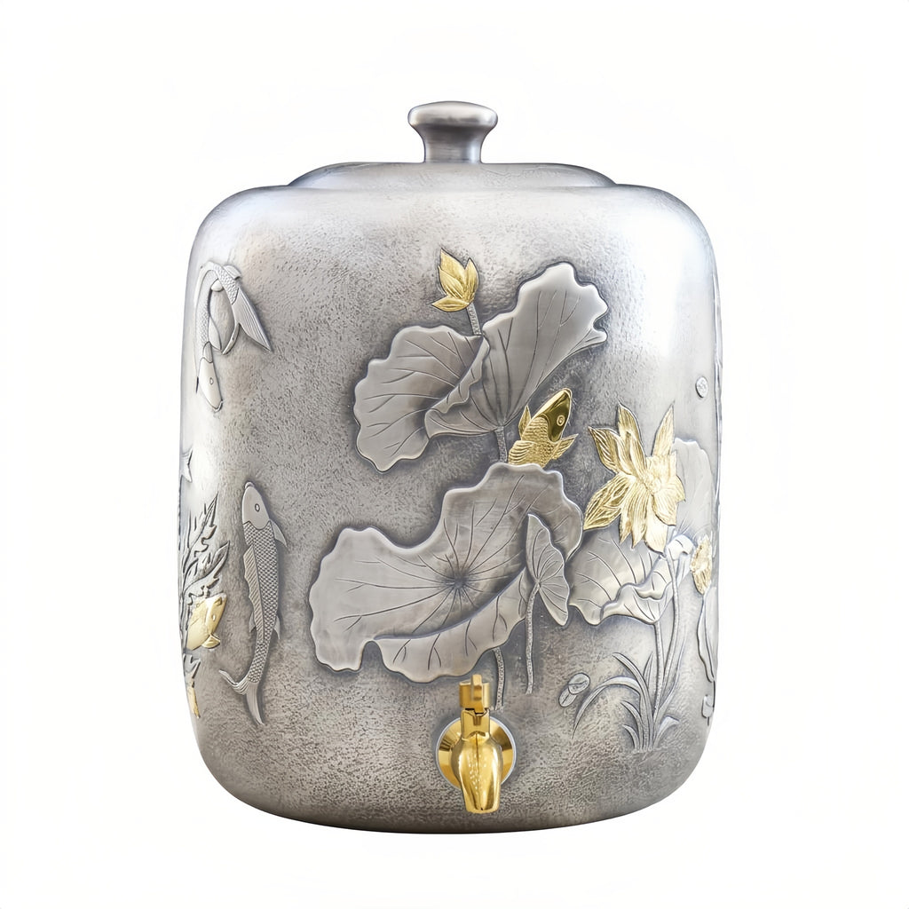925 Sterling Silver Exquisite Handcrafted Pewter Water Jar with Ornate Lotus and Fish Relief Decorations - Handicraft