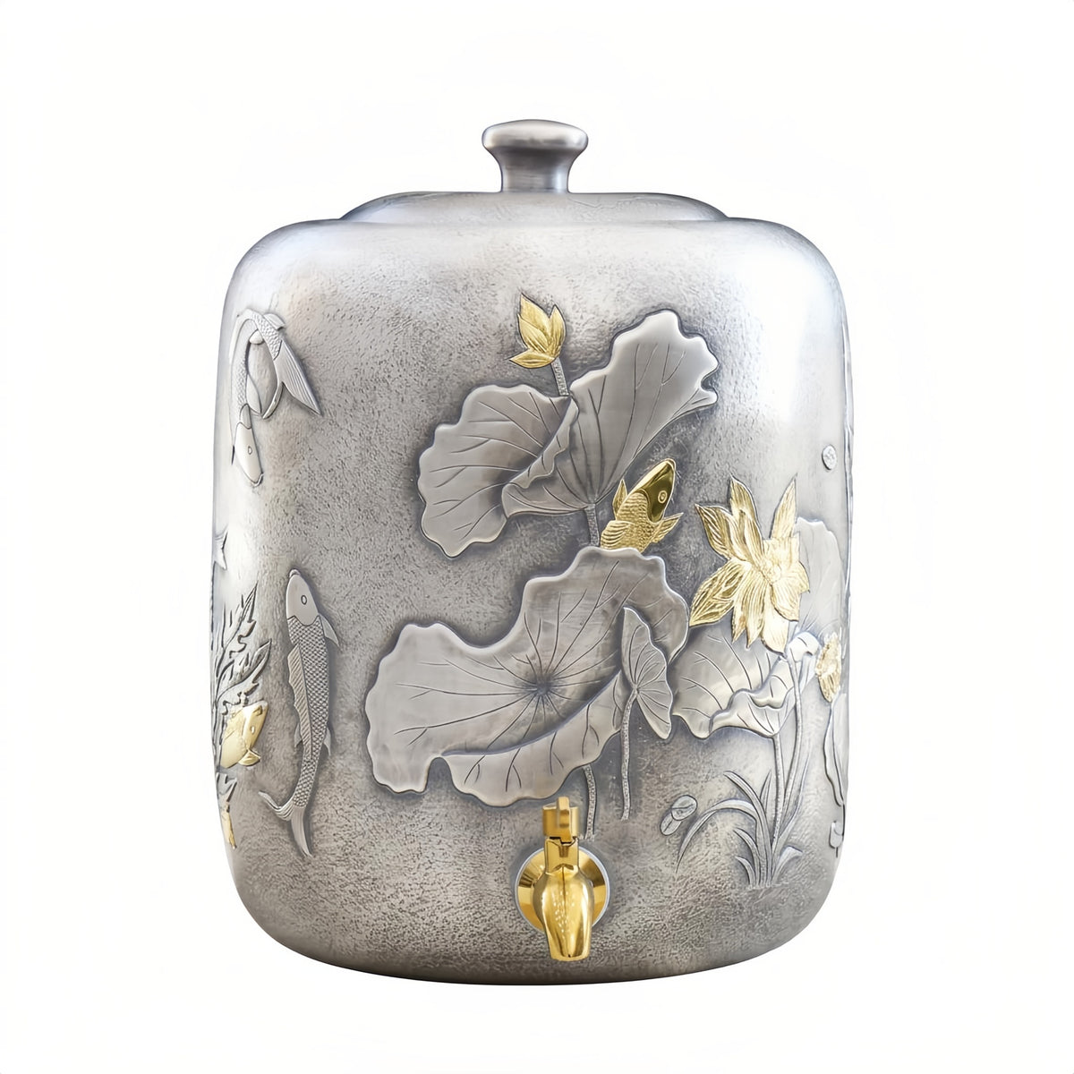 925 Sterling Silver Exquisite Handcrafted Pewter Water Jar with Ornate Lotus and Fish Relief Decorations - Handicraft